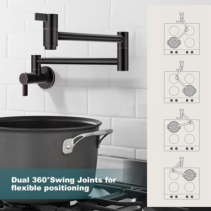Pot Filler Faucet Oil Rubbed Bronze, ARCORA Traditional Pot Filler Wall Mount 2 Handle with Double Joint Swing Arms Brass Stove Faucet