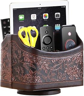 YAPISHI Antique Leather Remote Control Holder, 360 Degree Spinning Desk TV Remote Caddy/Box, Bedside Table Organizer for Controller, Media, Calculator, Mobile Phone and Pen Storage