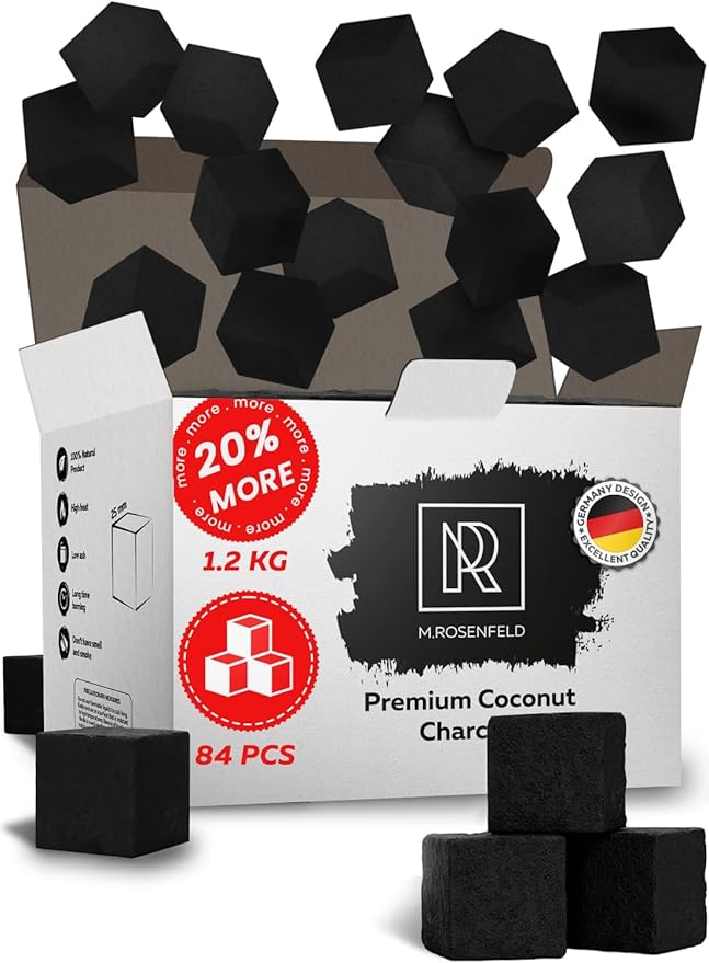 Hookah Charcoal Hookah Coals Coconut – XL Pack 84 Count & 1.2 KG (2.6 lbs) – Premium Quality 25mm (1x1x1 in) – 100% Natural Coconut Coals for Hookah Cubes – NOT Quick Light