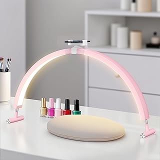 Mznoo Half Moon Light for Nail Desk, 30'' Large Half Moon Desk Lamp with Phone Holder, Professional Nail Tech Light with 3 Color Modes and 5 Brightness for Manicure Salon and Handicraft (Pink)
