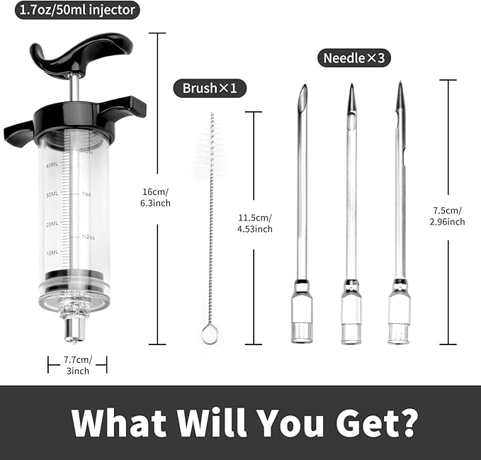 Turkey Meat Injector Syringe Kit with 3 Marinade Needles for BBQ Grill Smoker, 1 Cleaning Brush, 1.7 Oz/50 ml Large Capacity Injector Marinades for Meats Black