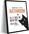 Ovczax Funny Bathroom Wall Art, Welcome To Bathroom Cat Decor, Wall Decor Frame, Funny Cat Will Be With You Sign 8" L x 10" W With Black Wooden Frame