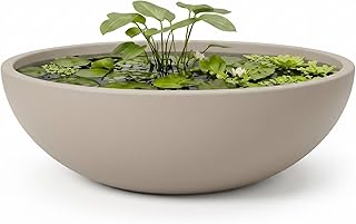 KUTE NEST 6.9" H x 19.7" D Premium Rondo Round Bowl Fiberstone Planter for Succulent and Lotus with Drainage Hole, Smooth Finishes, Weather Resistant, Included 2 Coco Mats (Taupe, 17.9" Pot Opening)