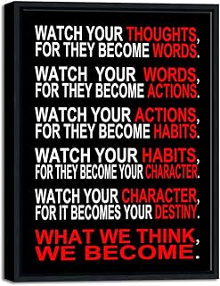 Pyradecor Black Framed Canvas Wall Art Inspirational Poster Office Positive Quotes Watch Your Thoughts Motivational Classroom Artwork for Living Room Home Decorations