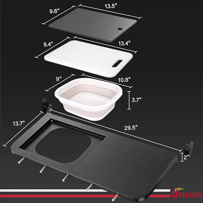 Utheer Upgraded Folding Front Shelf for Pit Boss Austin XL 1000 & Savannah 1500 Pellet Grills, 29.5" × 13.7" Heavy-Duty BBQ Prep Table with Cutting Board, Foldable Basin, Lid & 5 Hooks, 60-LB Load