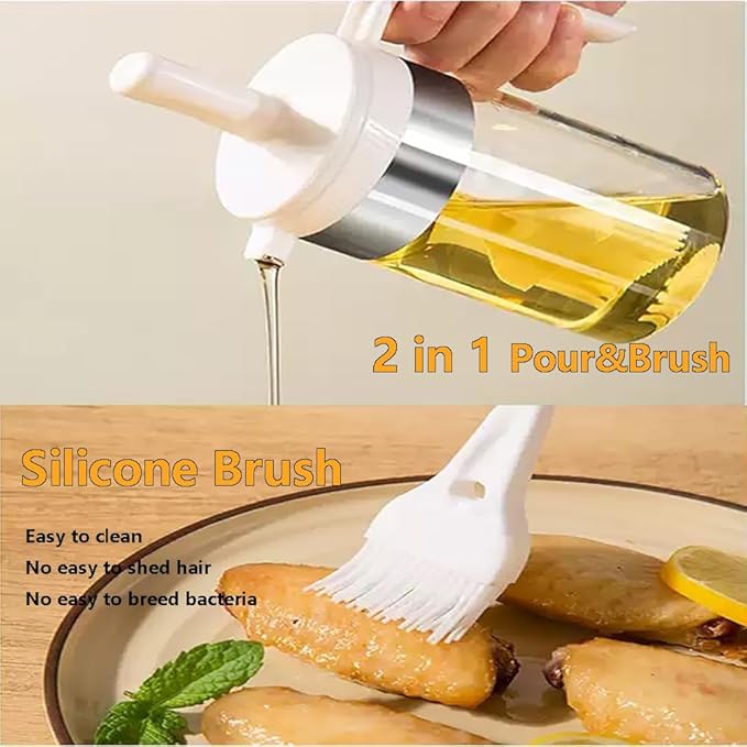 Moonlik Olive Oil Dispenser Bottle with Brush- 2 in 1 Oil Dispenser & Silicone Brush for Kitchen Cooking Vinegar Sauce BBQ Salad Grill Frying- 200ml/7oz, White