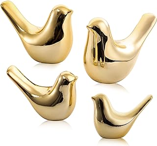 ZOOFOX Set of 4 Gold Bird Decor Figurine, Ceramic Small Animal Statues, Home Shelf Decor Furniture Desktop Display for Living Room, Bedroom, Cabinets and Office Desktop (Assorted Sizes)