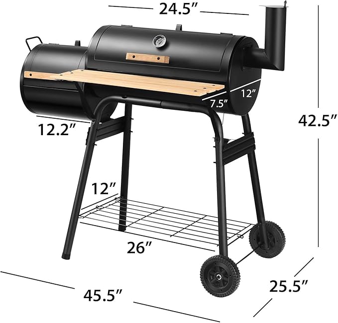 HAPPYGRILL Portable Charcoal Grill with Smoker, Thermometer, Side Shelf & Adjustable Damper, BBQ Grill Oven with 2 Moveable Wheels for Camping Patio Backyard Party
