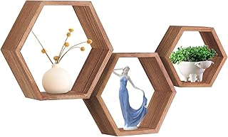 PHOENANCEE Hexagon Floating Shelves,Honeycomb Shelf,Wall Mounted Rustic Wood Octagon Hanging Storage Shelves Set of 3 for Living Room Bedroom Bathroom Office Hexagonal Decor(Carbonized Black)