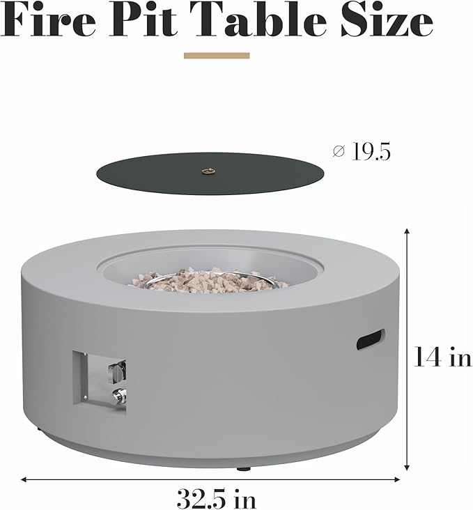 32.5 Inch Propane Fire Pit Table, 50,000 BTU Round Patio Fire Pit Table Outdoor, CSA Certified, Stainless Burner with Steel Lid, Waterproof Cover & Lava Rocks, for Garden Backyard, Gray