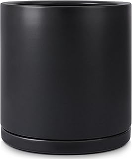 Kazeila 12 Inches Ceramic Planter Pot - Saucer and Drainage Hole - Full Glazed - Matte Black
