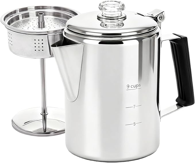 Cididu Camping Coffee Pot Stainless Steel, Coffee Pot Outdoors, Durable Stove Top Brew Coffee Maker on Fire, Ideal for Group Camping, Hiking, Backpacking, RV and Travel, 9 Cups