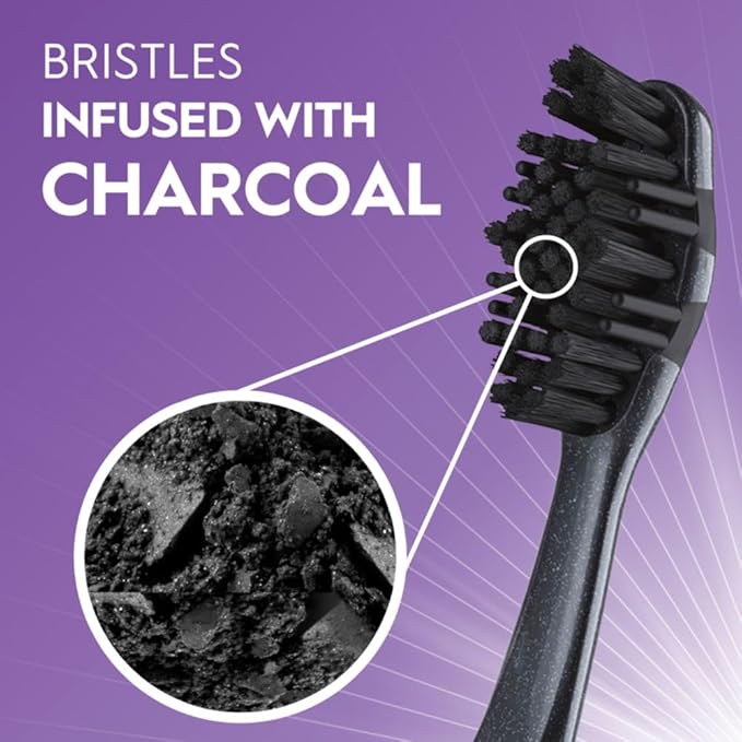 Oral-B 3D White Charcoal Toothbrush, 2 Count Medium Manual tootbrush Pack, Whitens Teeth, removes Plaque and Stains, Tongue Scraper Tooth Brush