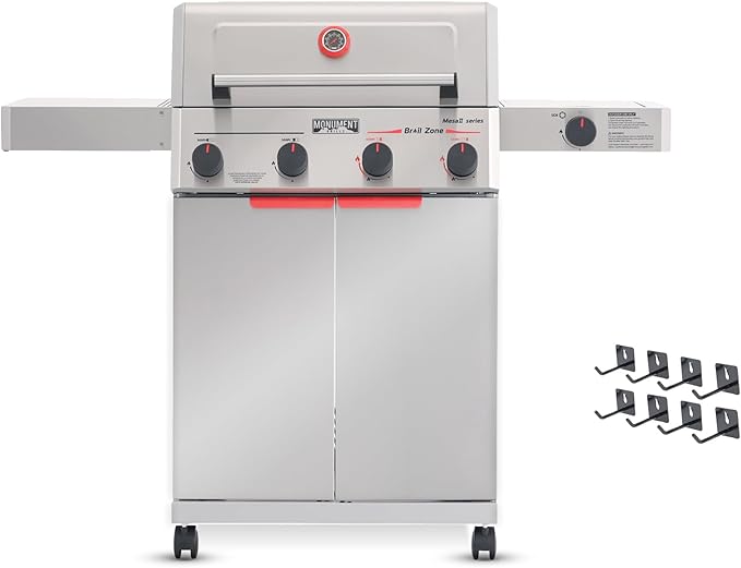 Monument Grills 4+1 Burner Stainless Steel 525 sq.in Propane Gas Grill, 49,000 BTU, 500°F in 5 Mins, Outdoor Mesa 2 Grill with Broil Zone, 1 Side Burner and 1 Foldable Side Shelf, with 8 Tool Hooks