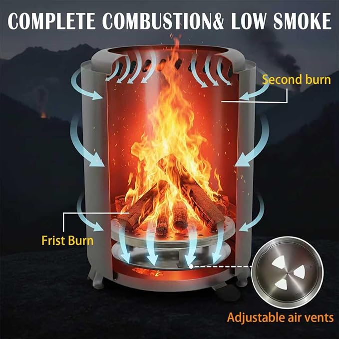 Portable Tabletop Fire Pit, VivaGarden Smokeless Table Top Fire Pit, Wood Burning & Pellets Outdoor Camping Stove with Carry Bag, Forks and Mat (9.7x7.1 Inch, Silver)