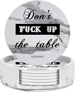 Funny Coasters, 6 Pcs Leather Coasters with Holder, Perfect Housewarming Hostess Gifts, Protect Furniture from Water Marks Scratch and Damage(6Pcs, White Marble)