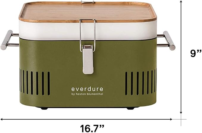 Everdure Cube Portable Charcoal Grill, Tabletop BBQ, Perfect Tailgate, Beach, Patio, or Camping Grill, Lightweight & Compact Small Grill with Preparation Board & Food Storage Tray, Khaki