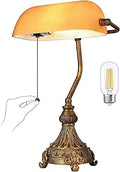 Vintage Amber Glass Bankers Desk Lamp for Home Office,Library with Pull Chain Switch Plug in Fixture, LED Bulb Included