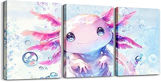 Feelyou Boys Girls Cute Axolotl Canvas Wall Art for Living Room Bedroom Ocean Sealife Wall Painting Posters and Prints Kids Kawaii Animal Picture Wall Decor Cartoon Bathroom Wall Art 12"x16"x 3Pcs