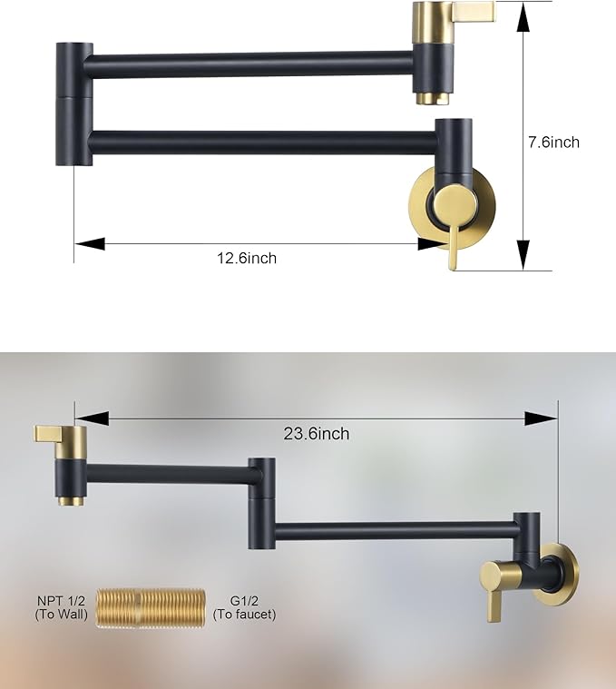 Pot Filler Faucet Black and Gold, ARCORA Modern Pot Filler Wall Mount 2 Handle with Double Joint Swing Arms Brass Stove Faucet