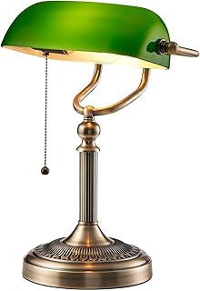 Green Glass Bankers Desk Lamp with Pull Chain Switch Plug in Fixture