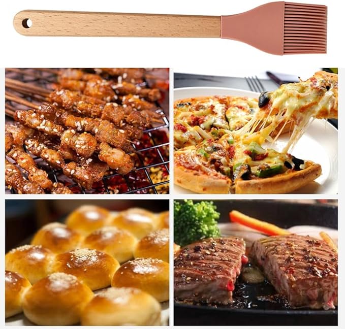2Pcs Silicone Heat Basting Brush,Oil Brush with Wooden Handle,Practical Pastry Brush Food Brushes for Kitchen Cooking,Pink and Grey