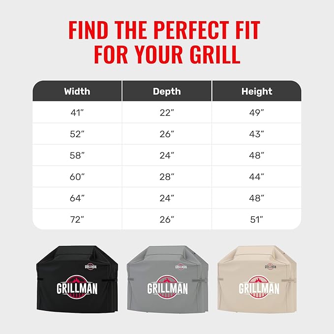 Grillman Grill Cover, BBQ Outdoor Grill Covers, Charcoal, Gas Grills, Waterproof, Rip-Proof, Weather-Resistant, Anti-UV, Barbecue Cover for Weber, Genesis, Charbroil, Nexgrill, etc (Black, 58 Inch)