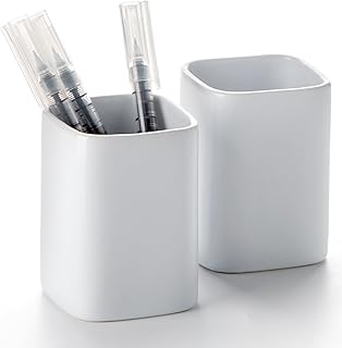 Ceramic Pen Holder Set of 2, Matte Square Pencil Cup for Desk, Heavyweight Stoneware Desk Organizer for Office Front Desk & Vanity, Modern Pen Cups Holder, Non-Slip Base - Matte white