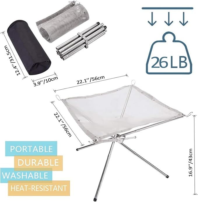 22″Portable Fire Pit for Camping,Large Upgrade Collapsing Stainless Steel Mesh Outdoor Fire Pits for BBQ Heating,Bonfire,Barbecue,Patio,Backyard,Garden(Carrying Bag Included)