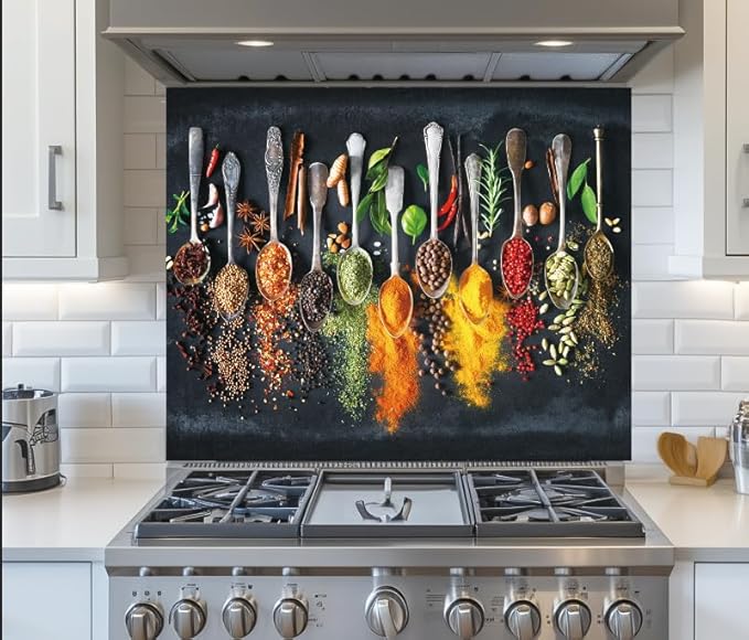 LMSDYSHU Spice，Tempered Glass Backsplash for Kitchen，Frameless, Stove Backsplash Protector for Wall,Easy to Clean, Home Decor(30"x14")