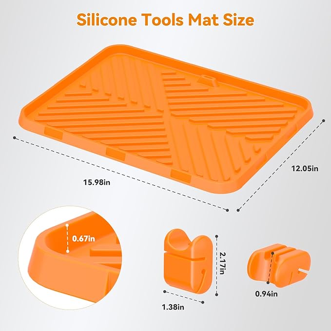 Silicone Griddle Tool Mat for Blackstone Side Shelf with 5 Removable Silicone Grill Tools Holders–Spatula Holders & Utensil Rests with Thermometer Slots, Drain Mat for BBQ Accessories Orange 12x16Inch