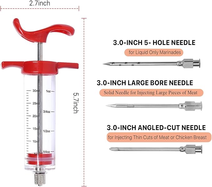 Turkey Injector Syringe - 3 Marinade Injector Needles, Meat Injector Syringe 1OZ, Portable Meat Injector Kit with Black BBQ Brush & Cleaning Brush for Smoked BBQ Grill, Food Syringe with 5-Hole Needle
