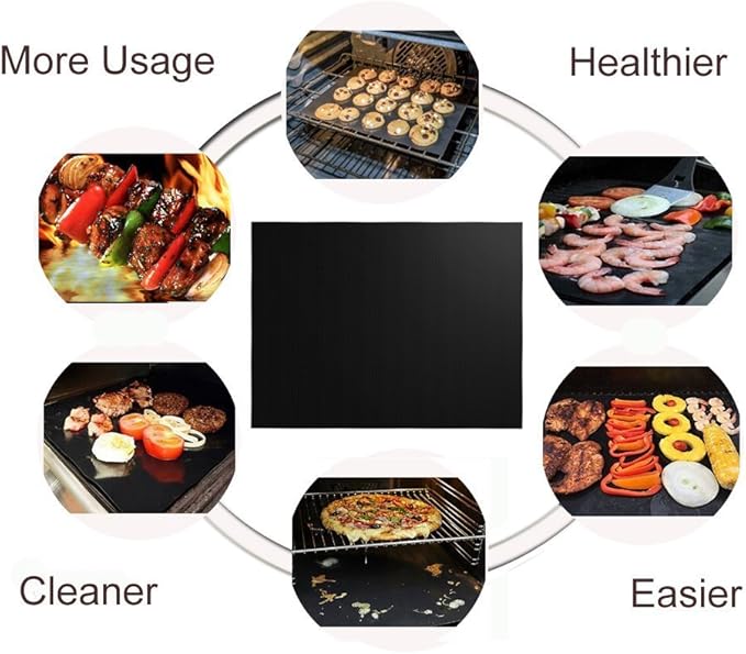 RENOOK Grill Mat Set of 6-100% Non-Stick Reusable Mats for Gas, Charcoal or Electric Grills - Easy to Clean - 15.75 x 13-Inch, Black