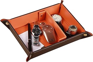 Valet Tray for Men Leather Big Entryway Key Dish Bedside Catchall Bowl 2 Dividers Travel Nightstand Organizer Caddy for Wallet Coins Dice Watch Candy, Sundries Holder for Beside Table (Orange)