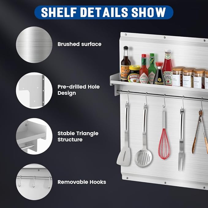 48"x 30" Stainless Steel Backsplash, Range Backsplash with Storage Shelf & Knife Rack, Stainless Steel for Stove Wall Shield with Pre-Drilled Holes