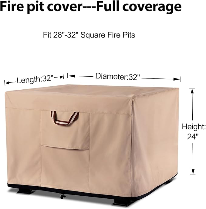 QH.HOME Fire Pit Cover Square 29-32 Inch Heavy Duty 900D Strong Tear-Resistant and Waterproof and Fading Resistant Material Polyester UV Resistant Firepit Covers for Outdoor Fire Table-Wheat