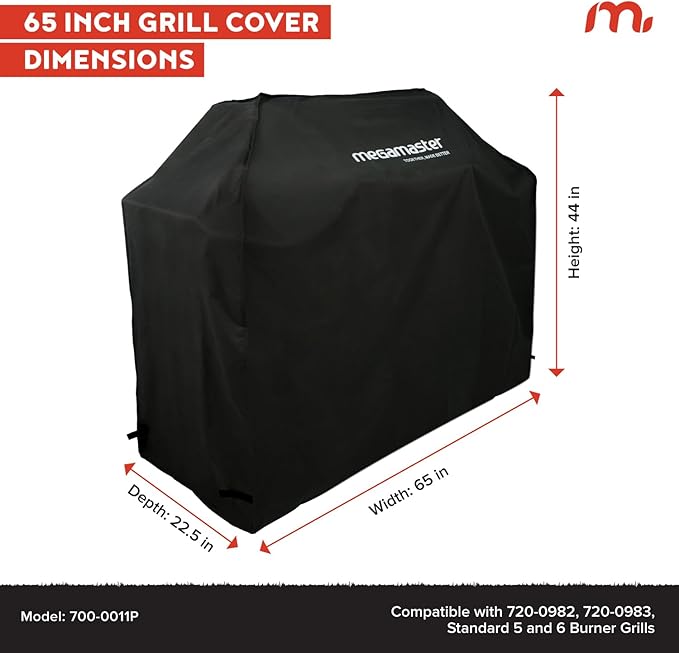 Megamaster 65" Gas Grill Cover, Water-Resistant Heavy Duty Cloth, Adjustable Straps, Vented Panels, Designed for 720-0982, 720-0983, and Standard 5 & 6-Burner Grill, 65" W x 23" D x 44" H - 700-0011P