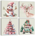 Pink Christmas Canvas Wall Art - Set of 4 Snowman, Deer, Christmas Tree and Truck Christmas Poster Art Print - Aesthetic Xmas Holiday Painting Room Decor for Living Room Bedroom (12"X12"X4PCS)