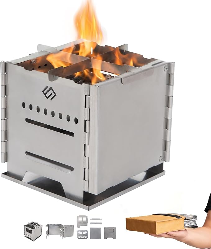 COOK'N'ESCAPE Portable Wood Burning Stove, Foldable Stainless Steel Camp Burner with Titanium Grill Plate and Ash Tray, Secondary Combustion Survival Gear for Hiking Outdoor Tent Camping Picnic BBQ