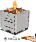 COOK'N'ESCAPE Portable Wood Burning Stove, Foldable Stainless Steel Camp Burner with Titanium Grill Plate and Ash Tray, Secondary Combustion Survival Gear for Hiking Outdoor Tent Camping Picnic BBQ