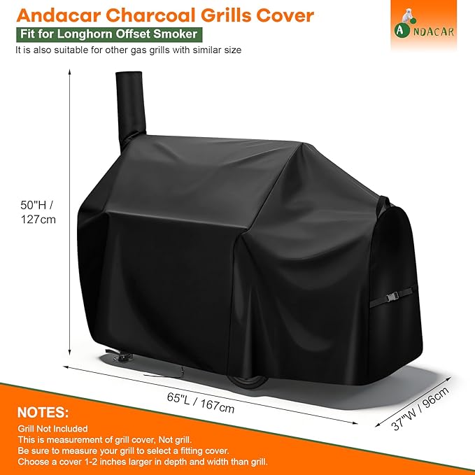 Charcoal Grills Cover for Oklahoma Joe's Longhorn Offset Smoker - 13201747-50, Waterproof Outdoor Grill Cover BBQ Grill Cover Barbeque Grill Cover (Cover Only) - 65" L×37" W×50" H, Black