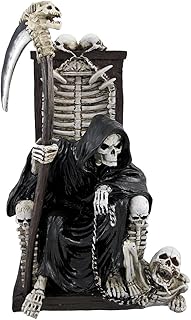 DWK - Dark Master - Grim Reaper Skeleton on Throne with Pet and Scythe Collectible Gothic Fantasy Figurine Statue Halloween Death Sculpture Home Décor Accent, 10-inch