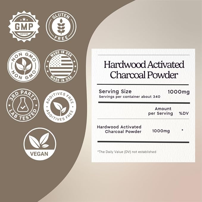 Zen Principle Hardwood Activated Charcoal Powder 100 Percent from USA Trees. All Natural. Whitens Teeth, Rejuvenates Skin and Hair, Supports Better Digestion, 8 oz.