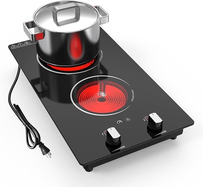 2 Burner Electric Cooktop, 2100W Electric Stove Top Hot Plate, 12 inch Countertop Burner & Built-In Stove Top, 9 Levels of Power, Knob Control, Timer & Kid Safety Lock, Residual Heat Warning