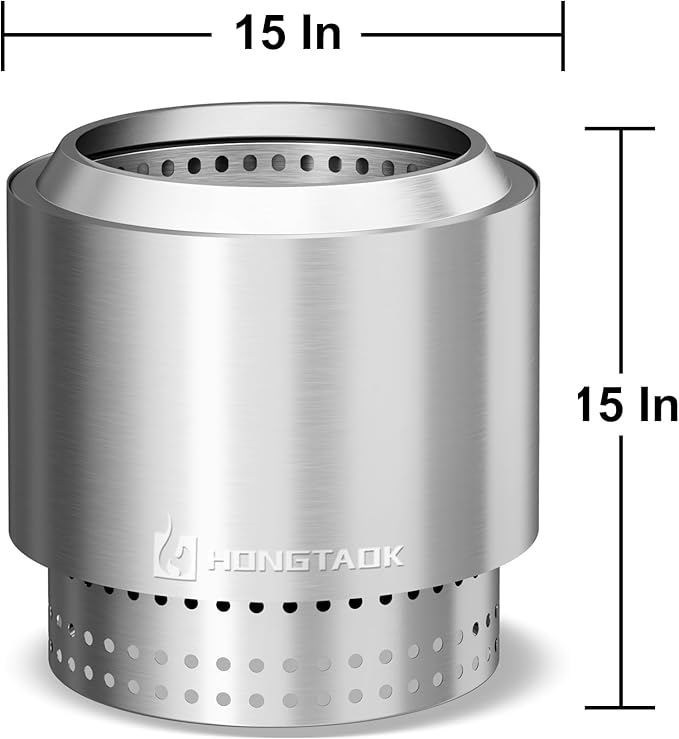 15 Inch Smokeless Fire Pit with Removable Ash Pan, Fire Pits for Outside Wood Burning, Portable Bonfire Outdoor Firepit, Waterproof Bag & Poker Included, Stainless Steel, Camping Backyard