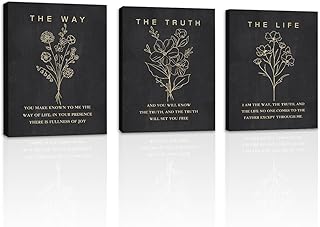HOURIA Framed Boho Floral Christian Bible Verse Canvas Wall Art Set,12”*16”Inch The Way The Truth The Life Scriptures Poster Black Minimalist Botanical Flower Bible Wall Decor for Living Room Bedroom