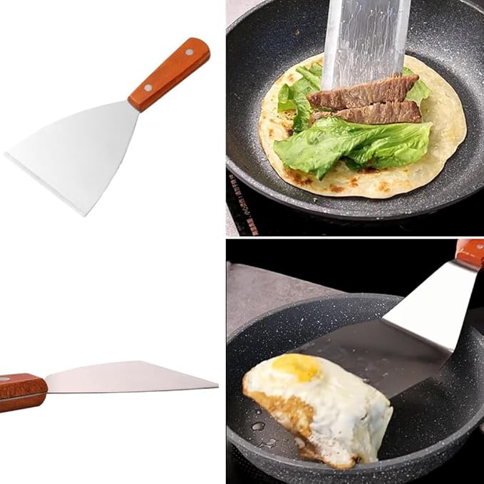 Stainless Steel Slant Edge Grill Griddle Scrapers Spatula, Wooden Handle Large Diner Flat Straight Blade Grill Utensils for Camping (2 Pack)