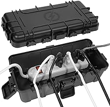Medium Outdoor Electrical Box (11.6x5.2x4.1 inch), IP54 Waterproof Extension Cord Cover w/ 6 Cable Entry, Weatherproof Connection Box for Power Strip, Plug, Timer, Holiday Lights, Black