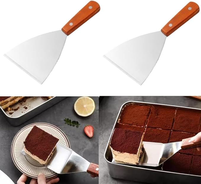 Stainless Steel Slant Edge Grill Griddle Scrapers Spatula, Wooden Handle Large Diner Flat Straight Blade Grill Utensils for Camping (2 Pack)