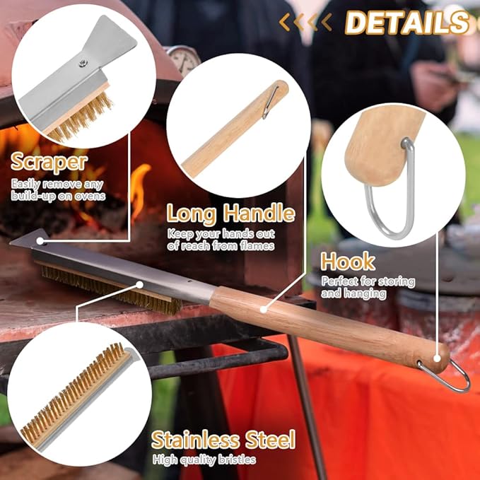 Aolso Pizza Oven Brush, 21" Brush and Stainless Steel Scraper for Pizza Stone, BBQ Grill Cleaning Brush Non Scratch Heat Proof Brass Bristles with Screwdriver, Outdoor Pizza Oven Accessories